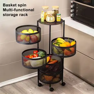 With 360 °   5-Layer Rotating Metal Storage Basket with Wheels - Large Round Steel Wire Rack for Organization, Black Multi-Layer Rolling Rack with Casters, Perfect for Home or Office Use, Basket Storage