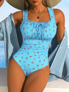 Women's Cherry Fruit Print Bikini Bottoms, Adjustable Lace Shoulder Straps, Faux Drawstring Ruched Swimwear, Comfortable One-Piece Swimsuit, Casual Fitted Swimwear