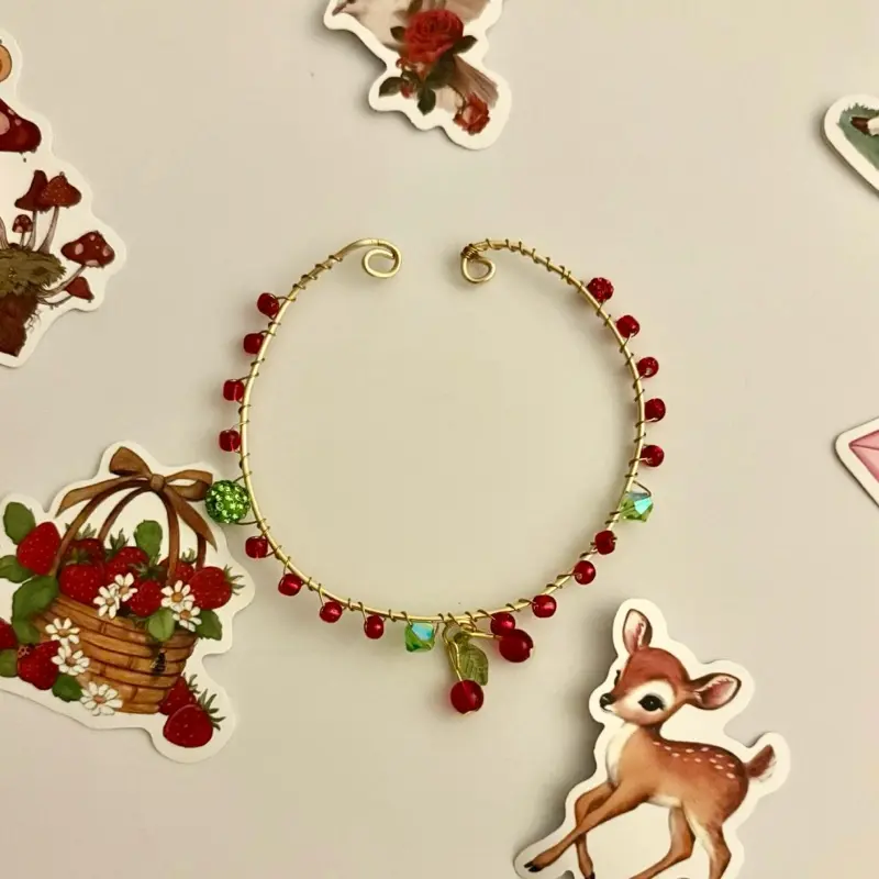 Red Cherry Handcrafted Adjustable Wire Bracelet with Cherry Charm Beads for Any Occasion Jewelry Accessory
