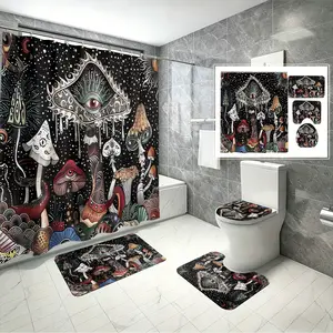 4pcs Psychedelic Mushroom and All-Seeing Eye Shower Curtain Set, The floor mat fabric is thicker and softer! Gothic Witchy Bathroom Decor for Halloween & Mystical Home Style