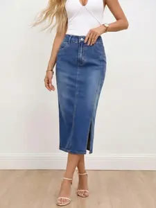 Women's Vintage Blue Midi Skirt, A-Line Design, Natural Waist, Button Closure, Casual Summer Wear, Versatile Long Dress, Womenswear