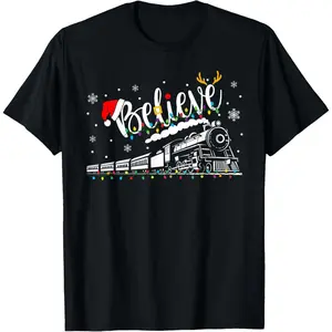 Believe Train Christmas North Pole Polar Express Family Xmas T-Shirt, 100% Cotton, Single Side Printed, Black Short Sleeve T-shirt, 1 pc, Christmas Halloween Thanksgiving Gift