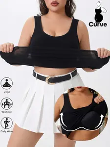 Plus Size Women's Sleeveless Sports Padded Tank Top, Soft High Elasticity Wide Shoulder Straps,Yoga Built in Bra Vest, Activewear,All-Season Wear