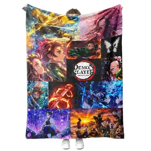 Demon Slayer Kimetsu no Yaiba Inspired Anime Blanket Ultra Soft Flannel Throw Cozy Warm Character Collage Breathing Style Blanket for Bed Sofa Dorm Room Decor Birthday Christmas Gift for Anime Fans