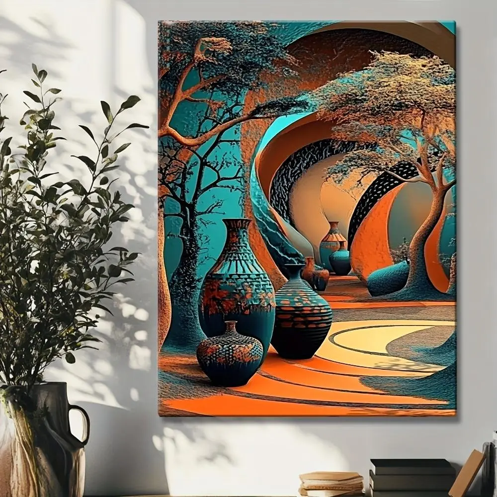 Framed 2D African Jungle Wall Art Print - Wooden Frame, Vibrant Orange-Green Abstract Canvas Painting, Modern Vase & Tree Scene, Home Decor Gift for Living Room, Bedroom, Thanksgiving, Father's Day, Easter (Houndstooth & Marble Accents), Plaid, Valentines