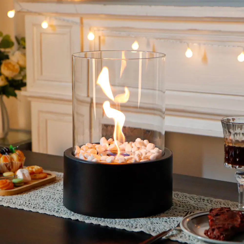 11"H Metsl and Glass Fireplace Fire Bowl Pot Fire Pit for Indoor Outdoor Yard Garden Patio