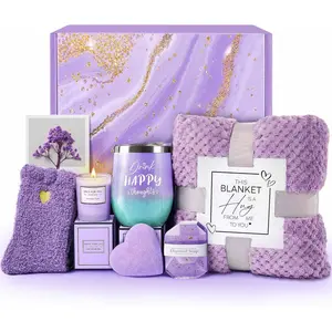 Birthday Gifts for Women, Self Care Get Well Soon Gifts, Lavender Relaxing Spa Gift Basket Care Package w Blanket, Vantines Mothers Day Christmas Gifts for Mom Grandma Wife Girlfriend Friends Sister