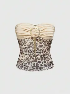 Leopard Print Rhinestone Metallic Chain Front Tight Fitting Tank Top For Women, Wild Chic Retro Style