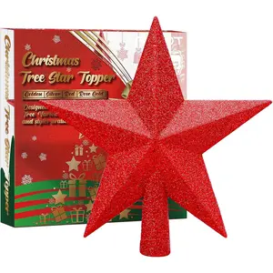 Glittered Christmas Star Tree Topper Christmas Decorative Holiday Treetop Shatterproof Star Ornament for Holiday Christmas Tree Decoration, Red, 4 Inch