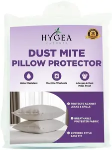 Hygea Natural Dust Mite Pillow Protectors Covers 2 Pack Water Resistant Dust Mite Proof Machine Washable Breathable Polyester Solid Color Ideal for Allergens Stains Decorative Bedsheet Sets