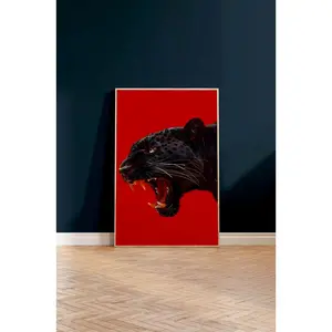 [SALE UP TO 50% - UNFRAMED] Roaring Black Panther Wall Art, Poster Red Background Animal Print Home Decor
