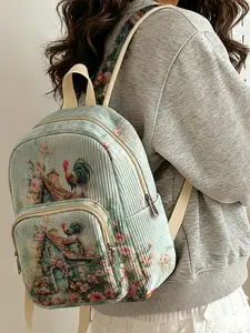1 piece of floral cottage pattern 2D printed lady's backpack, corduroy texture + layered storage + lightweight and easy to carry | perfect for students to go to class/shopping/short trips | combination of atmosphere and practicality