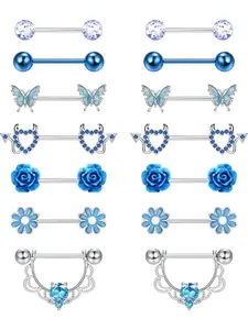 7 Pairs 14G Nipple Rings for Women 316L Stainless Steel Heart Butterfly CZ Flower Barbell Nipple Rings Set Cute Nipplerings Piercing Jewelry Body Piercings Set