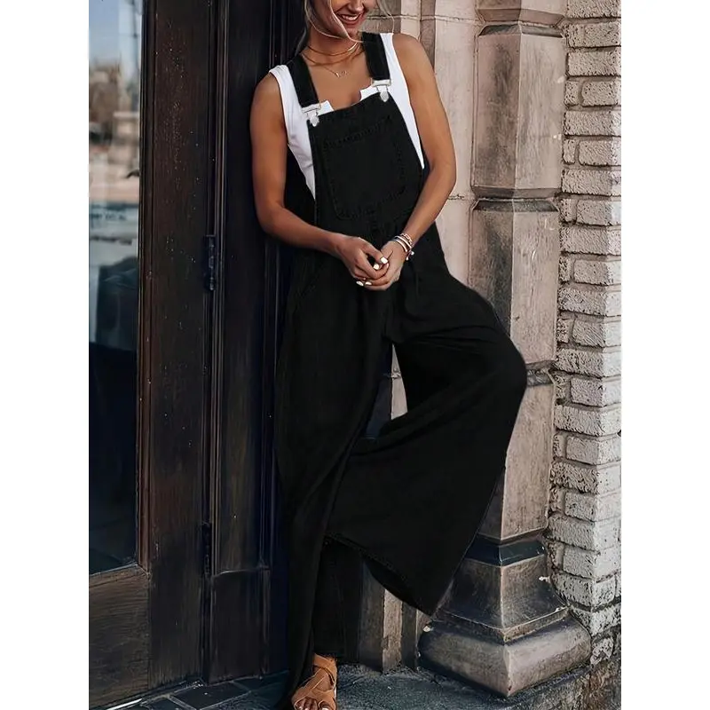 2026Women's Casual Printed Denim Cargo Jumpsuit, Ruched Loose-Fitting Wide-Leg Style for Leisure Wear Womenswear Overalls