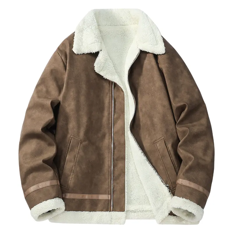 Men's Sherpa-Lined Thick Heavy Long Sleeve Outwear Coat - Plain, Multi-Pocket, Medium Beige Casual Top for Autumn Winter Daily Work & Outdoor Skiing