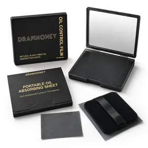 Drawhoney - 200Sheets  Oil Blotting Sheets for Face with Mirror and Puff, Face Oil Absorbing Paper for Oily Skin, Natural Oil Control Blotting Paper, Portable Makeup Touch-Up Sheets, Bamboo Charcoal