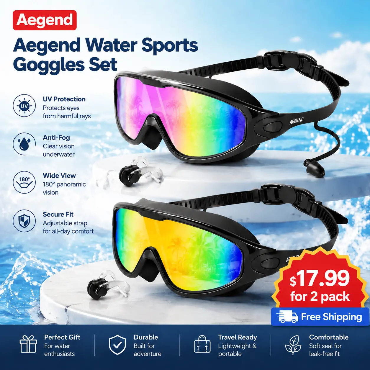 Aegend Adult Wide-View Leak-Proof Swimming Goggles - Anti-Fog, UV-Protective Silicone Pool Goggles with Ear Plugs, Water Sports Accessory for Men & Women, Leak Proof Goggles