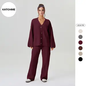 KatchMe Women's Cozy Slouchy Solid Color V-Neck Button-Up Long Sleeve Cardigan & Stretch Loose Trousers Co-ord, Minimalist Two Piece Outfits