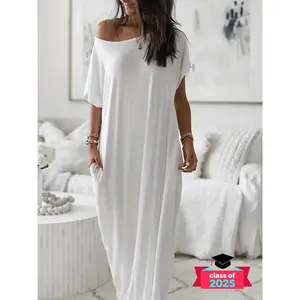 MANIEBD Women's Solid Color Batwing Sleeve Lounge Dress, Casual Elegant Comfy Short Sleeve Baggy Nightdress for Daily Wear, Ladies Sleepwear for All Seasons, Off-shoulder sexy long dress