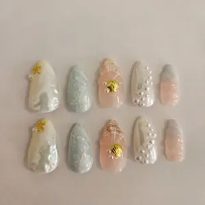 Press On Nails High Quality Blue Beachy Themed Unique Application Packet Durable Summer Nails for Stylish Look Easy Application Packet Included