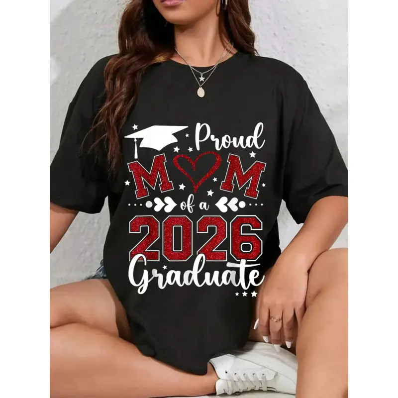 Unisex Casual Round Neck Streetwear Tshirt - Proud Mom Of A 2026 Senior Graduate Graduation Top For Women (Sports & Outdoor Sports Top), T-Shirt, Casual Sports Tops
