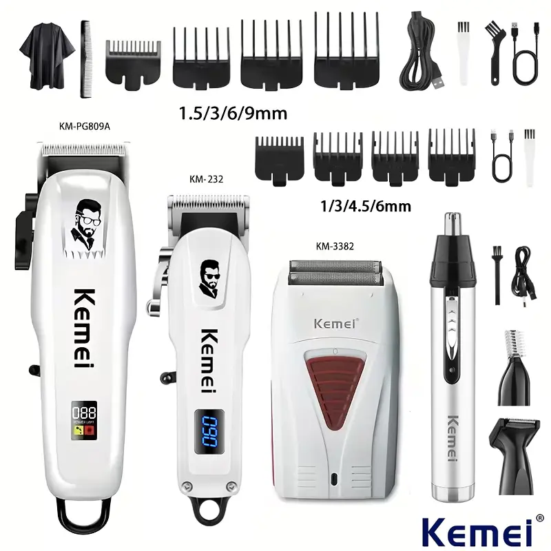 KEMEI 4-Piece Personal Grooming Kit for Men, USB Rechargeable Cordless Set with Adjustable Hair Clipper, Durable Facial Trimmer, and Lightweight Shaver, Abs
