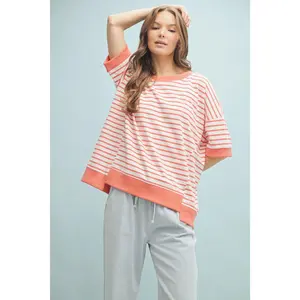 Contrast Striped Drop Shoulder Knit Top - Coral & White Cotton Crew Neck Casual Summer Women's Fashion