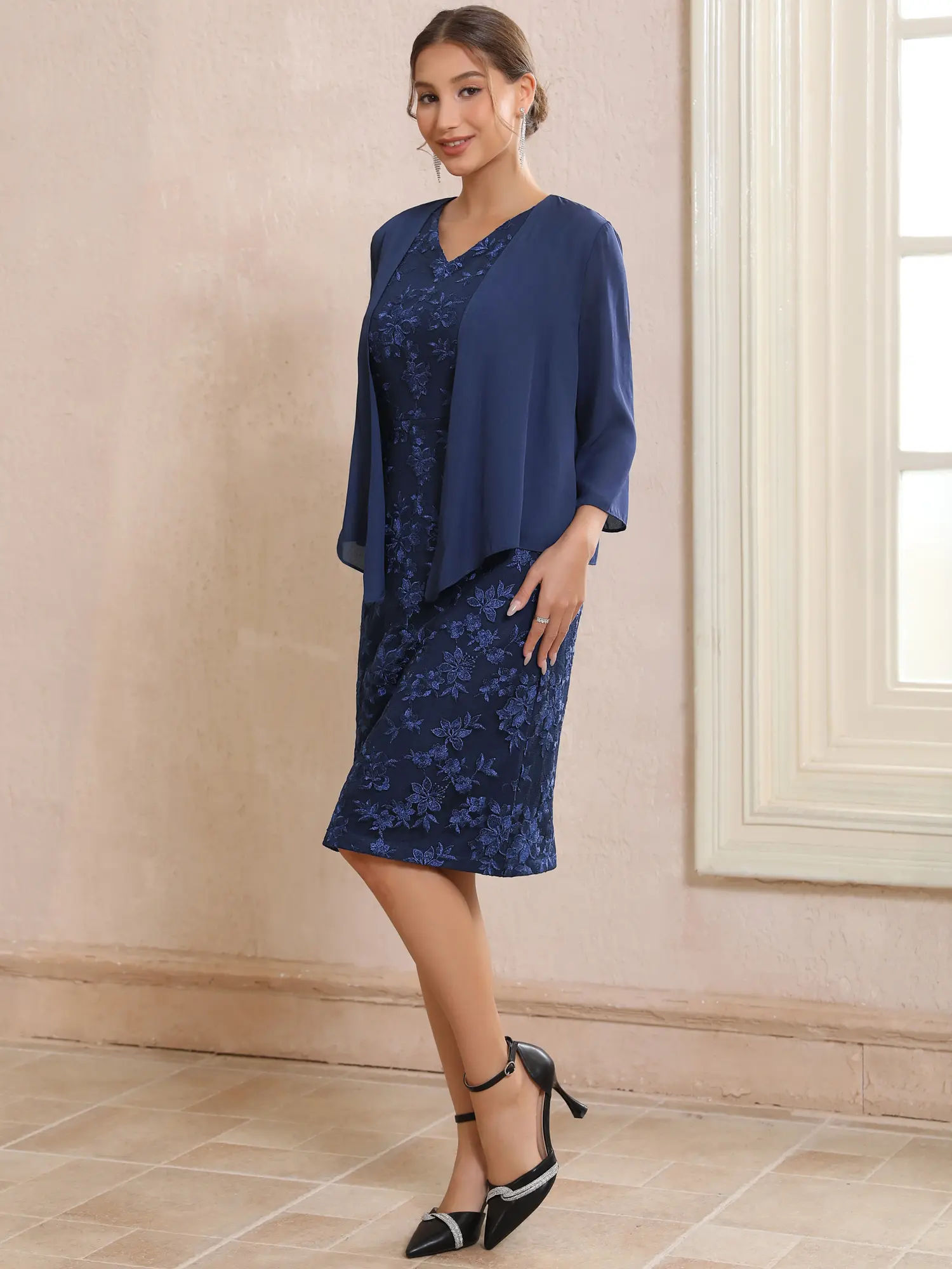 INSPIRE CHIC Women's Mother of Bride Twopcs Dresses with Chiffon Jacket Embroidery Floral Wedding Guest Dress Sets
