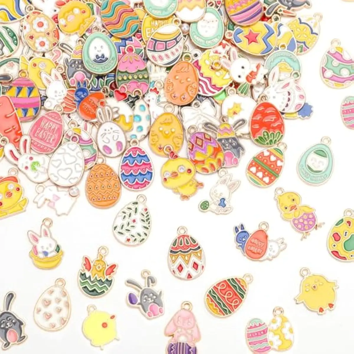 120 PCS Easter Charms for Jewelry Making, Assorted Gold Enamel Easter Bunny Egg Rabbit Charms Pendants Easter Spring Charm Bulk for DIY Bracelet Necklace Earrings Making Supplies