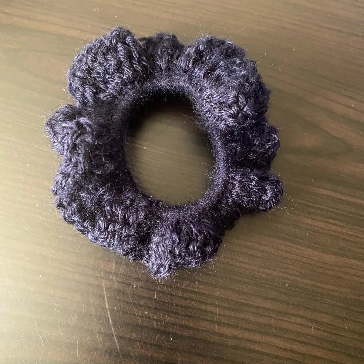 Navy ruffled triple crochet scrunchie