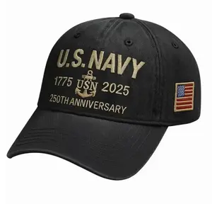 Navy Veteran 250th Anniversary Embroidered Trucker Hat – U.S. Navy 1775–2025 Vintage Washed Cotton Cap
