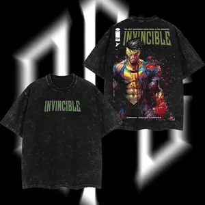SuperStyle Men's Classic Apparel, Limited Edition Emperor Mark Grayson Invincible War Comic Double-Printed Oversize Lightweight Acid-Washed Seamless Short-Sleeve Menswear TV Series Graphic T-Shirt