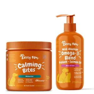 Zesty Paws Perfect Relief Duo Bundle - 16oz Salmon Oil + 90 Calming Bites - Calm your dog’s stress with the soothing power of Salmon Oil and Calming Bites — the perfect relief combo. Canine Nutritional Supplement Remedy