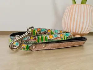 Hand Tooled and Painted Full Grain Leather Cactus Desert Sunset Scene Dog Leash with Padded Hand Strap for Comfortable Walks