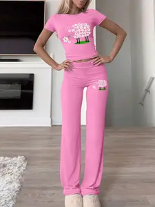 Cartoon Sheep Graphic Printed 2 Piece Thin Women's Crop Top Set , Casual Short Sleeve Tee & Long Flared Pants, Summer Fall Fashion, All Seasons Wear