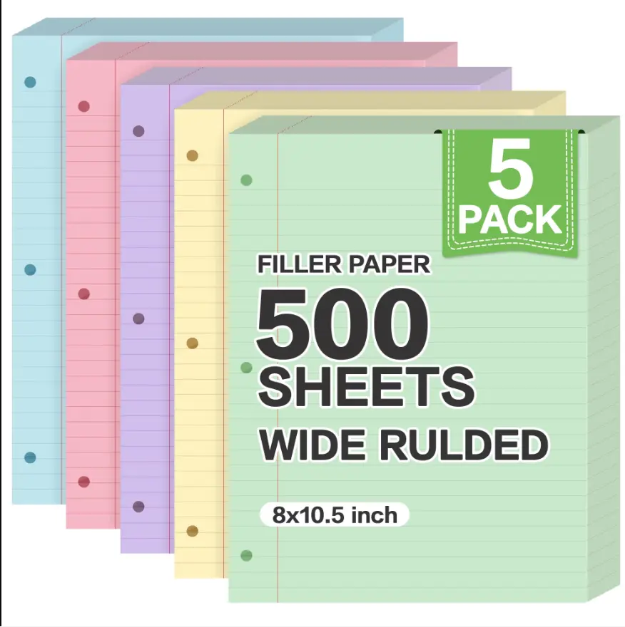 Deli 500 Sheets Wide Ruled Filler Paper,10.5" x 8" Pastel Colored Loose Leaf Paper,3-Hole Punched Notebook Paper for 3-Ring Binders, Office Supplies