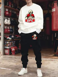 Men's Ufc Boxing Skull Graphic Print 2-Piece Set, Casual Long Sleeve Hoodie and Sweatpants, Spring & Fall Fashion