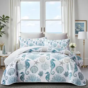 Coastal Bedding  Size Coastal Quilt with Shams, Nautical Beach Comforter Sets  Bedspreads Blue Seahorse Coverlet Summer Bedding, 68''x86''