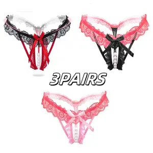 3 Pcs(Different Colors) Women's Pearl Decor Contrast Lace Thong,Ctue Floral Lingerie,Low Waist.