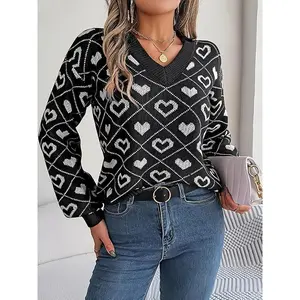 NewPlus Size V Neck Heart Pattern Colorblock Knit Pullover Sweater, Casual Versatile Long Sleeve Top for Women, Fall & Winter Fashion Can be used with a raincoat