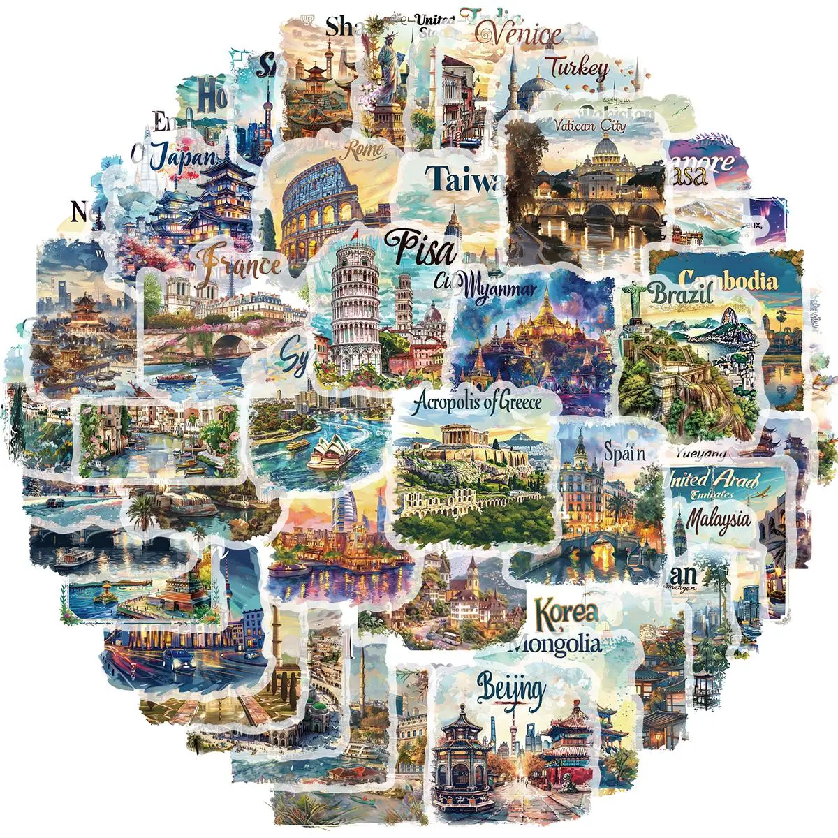 World Travel Themed Sticker, 50pcs/set Waterproof Vinyl Travel Map Sticker, Decorative Sticker for Suitcase, Bicycle, Laptop, Water Bottle, Notebooks, Diary, Ornaments