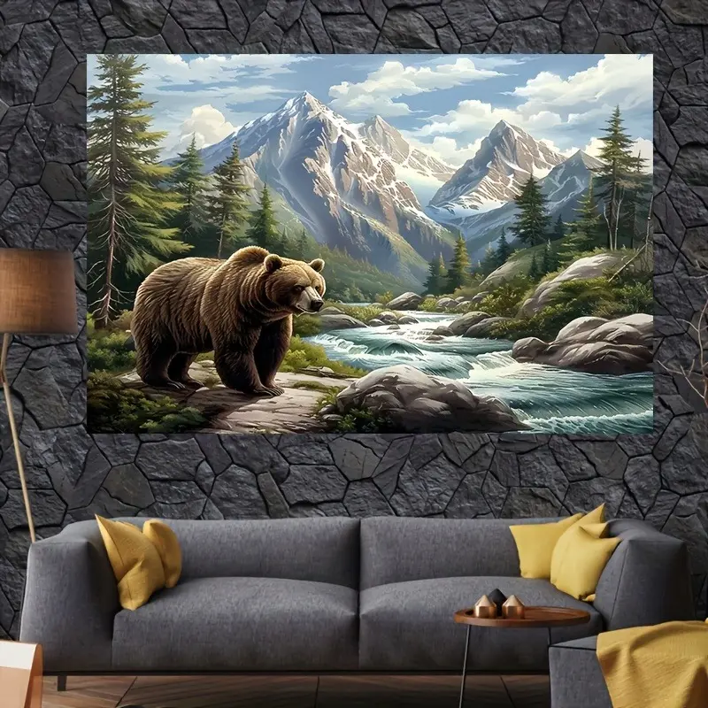 Bear Mountain Forest Scene Polyester Banner-Universal Multipurpose Wall Decor for General -Aesthetic Animal-Themed Tapestry for Dorms,Bedrooms Posters Art Home Decoration House Design Print Photo