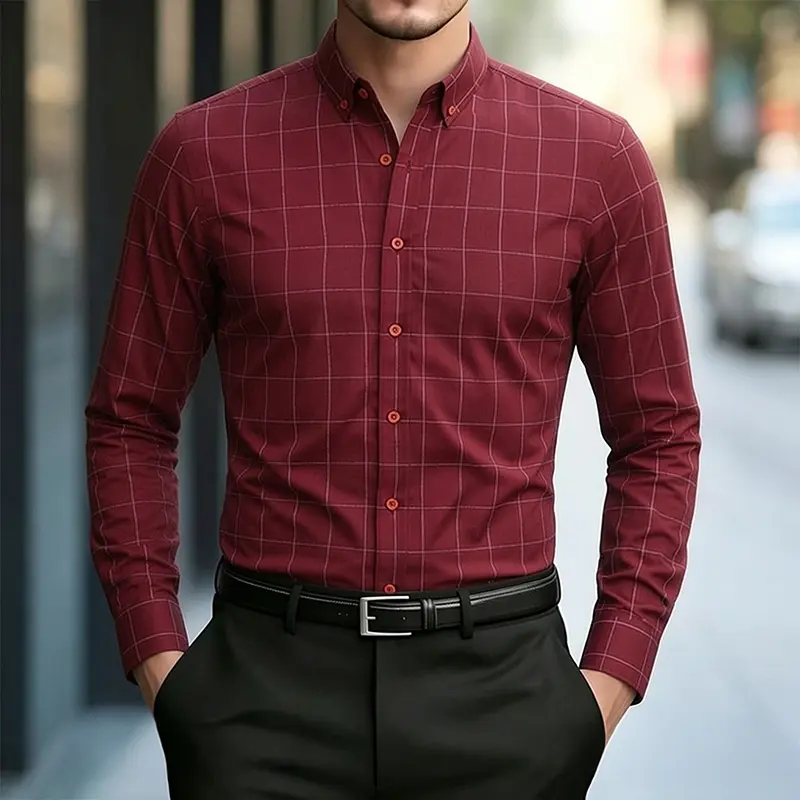 Alimens & Gentle Menswear Classic Plaid Slim-Fit Long-Sleeve Cotton-Polyester Button-Down Shirts - Wrinkle-Free, Thin, Stylish, Elegant, Suit-Ready Business Casual for Travelers