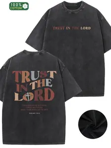 Men's Vintage Washed Cotton T-Shirt - Dual-Sided 'Trust in the Lord' & Psalm 18:6 Bible Verse Print, Light Purple Loose Fit Crew Neck Short Sleeve, 10y2k,Vintage,Streetwear Christmas Thanksgiving Cyber Monday cotton premium comfort streetwear human