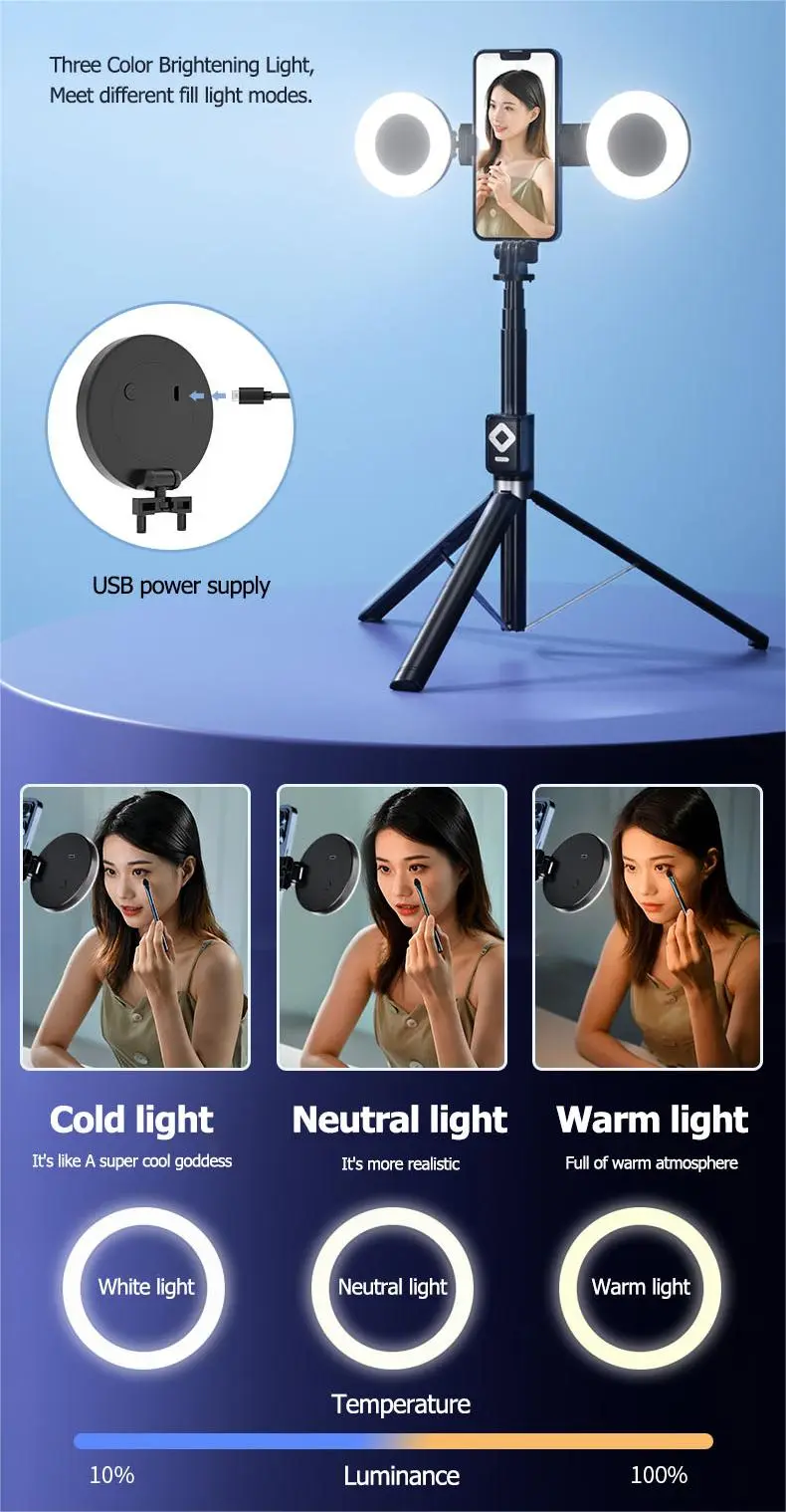 Product Introduction of New 6 in 1 Selfie Stick With Fill Light, 67" Phone Tripod & Wireless Remote Page Turner,Bluetooth Camera Video Recording Remote,Music Control, for iPhone ,iPad ,iOS,Android 3