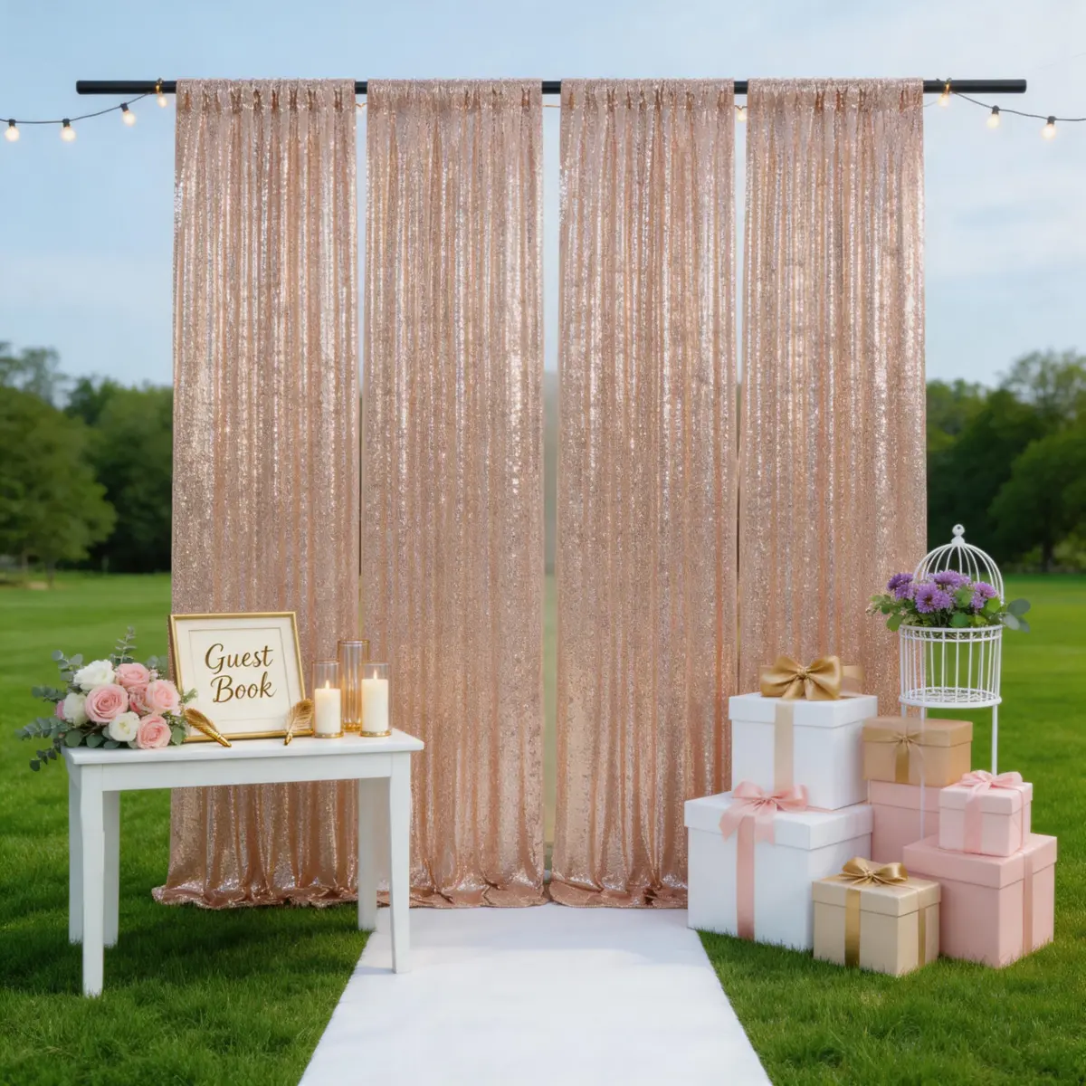 Luxury Rose Gold Round Sequin Polyester Mesh Wall Backdrop Curtain Banners, 4 Panels (2ft x 8ft) with Rod Pocket Top, Folded Edges, Durable for Wedding, Birthday Party, Engagement Party Decor, Indoor Backdrops (Do Not Wash)