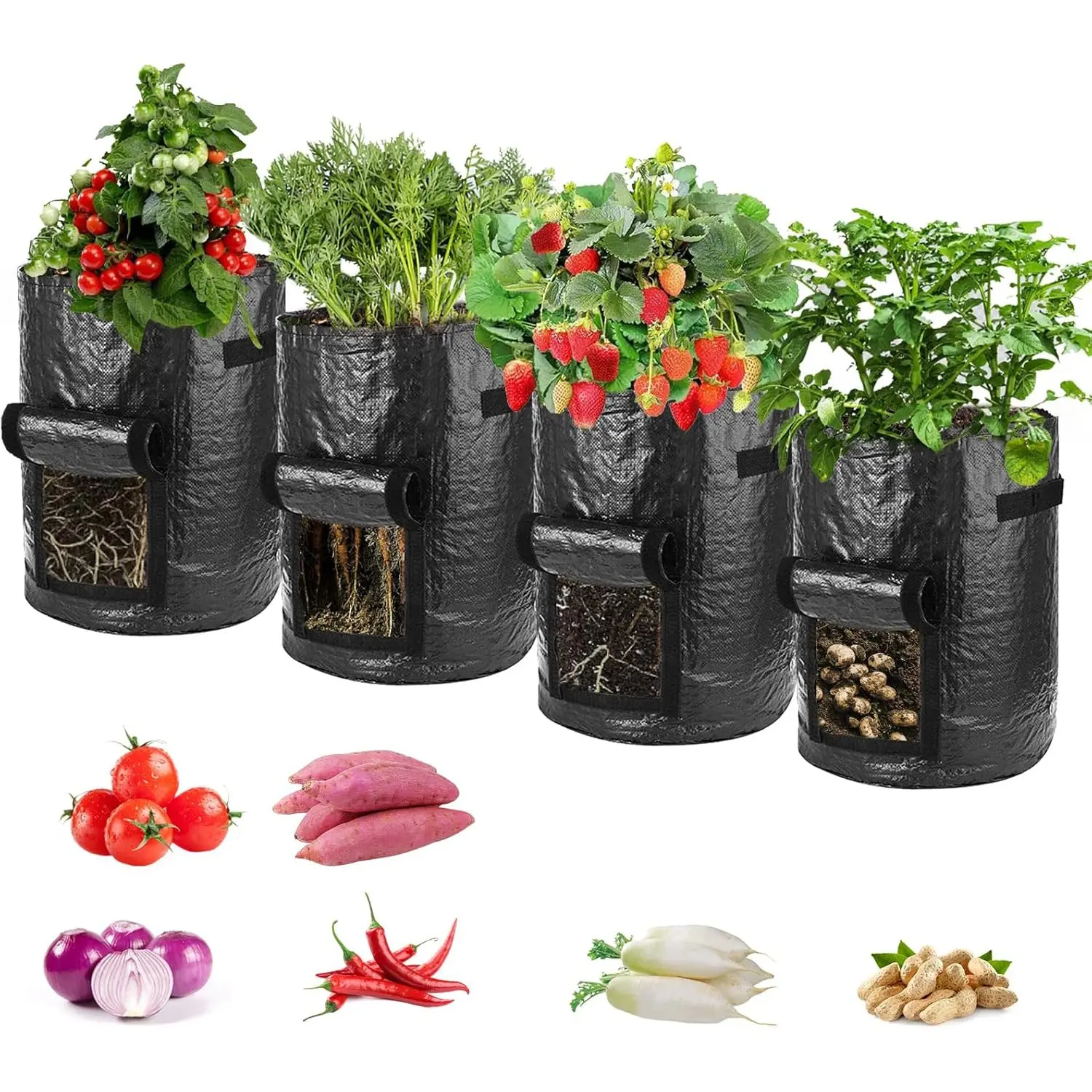 Potato Planting Bags, Potato Grow Bag, Potato Growing Bag, Garden Planter, Portable Garden Planters, 3 Gallon 4 Pack, with Lid and Handle, Ideal for Onions, Fruits, Tomatoes, Carrots, Gardening Supplies
