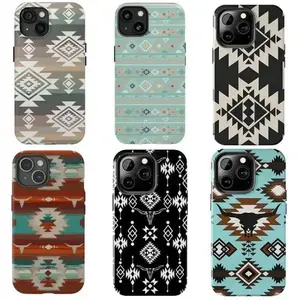 Aztec Western Tribal Geometric Pattern Native American Boho Fan Gift Art Trendy Tough Phone Case. Rustic Country Aesthetic Heavy Duty Shockproof Protective Smartphone Cover for iPhone 17 Pro Max 16 Air 15 14 13 12 11.