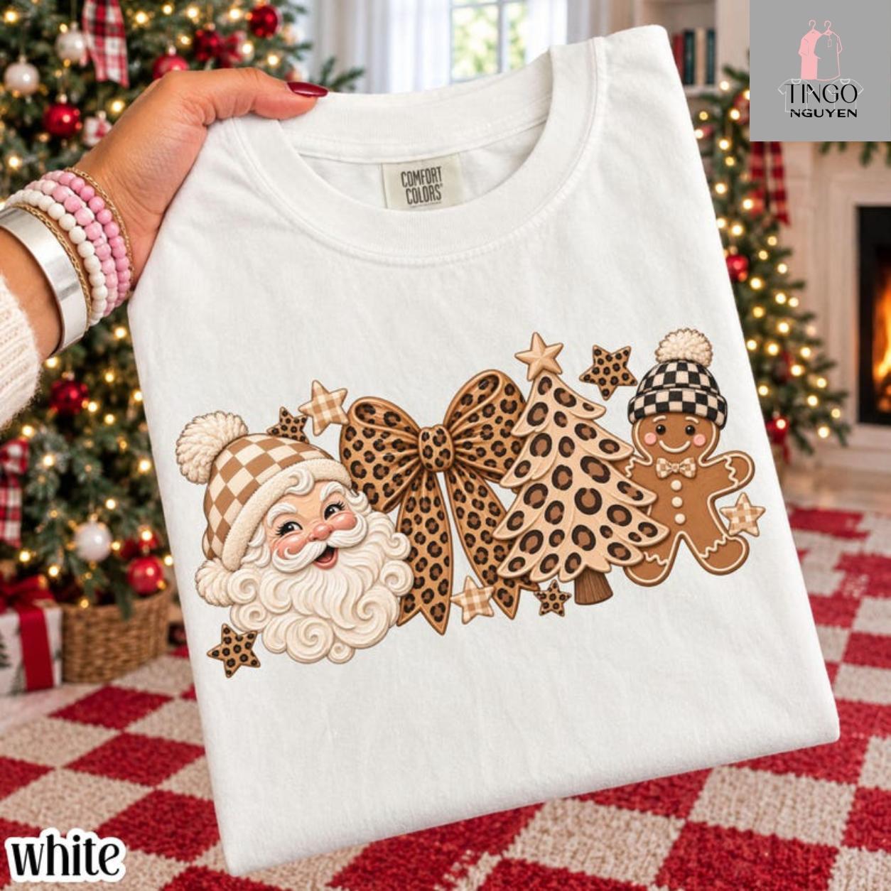 Comfort Colors Leopard Christmas Shirt, Cute Santa Gingerbread Tee Xmas Bow Christmas Tree TShirt Trendy Beige Gingham Holiday T-Shirt, Full Colors