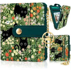 Black Cat Floral Rfid Women Wallet, Small Slim Thin Credit Card Wallet, PU Leather Bifold Cash Zipper Coin Pocket ID Window for Female Ladies Teen Girls Girly